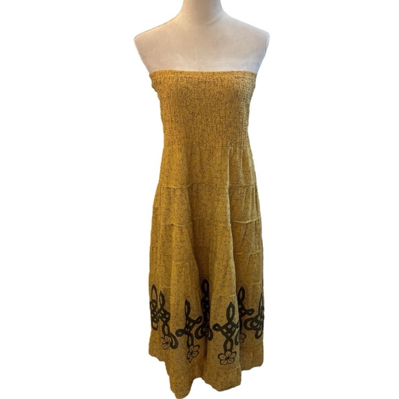Free People Strapless Floral Yellow Bohemian Dress Size Small Smocked Flowy - Picture 1 of 9